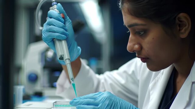 Focused female scientist pipetting teal liquid sample into a microplate inside a dark laboratory, illustrating precision in medical research.