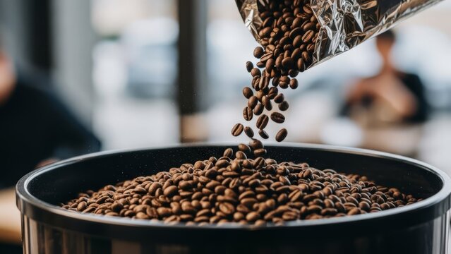 Close-up of coffee beans pouring into a grinder container. - Powered by Adobe