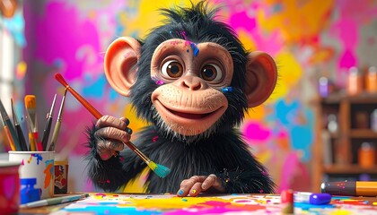 Cartoon monkey artist joyfully paints with brushes at a table covered in colorful paint; vivid, playful