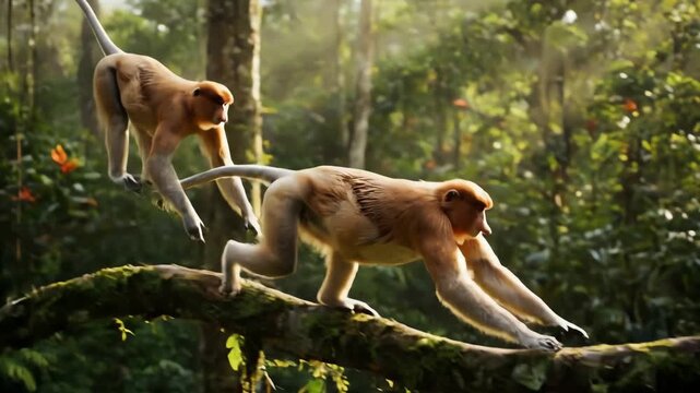 A pair of wild Proboscis monkeys gracefully leaping through a sunlit Borneo rainforest