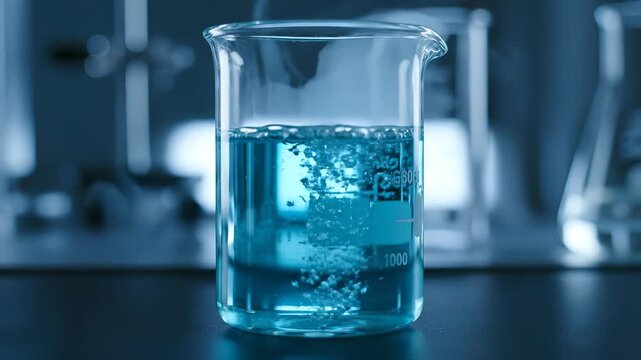 Close up of bubbling blue liquid boiling inside a glass beaker with steam rising against a dark laboratory background, illustrating scientific research concepts