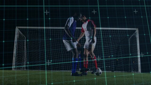Two soccer players jockeying by goal, ball at feet vying for control, green grid tracing drift
