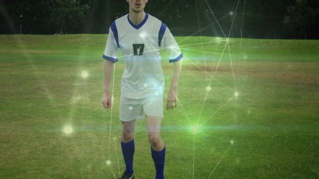 Soccer player reacting to incoming ball doing bicycle kick to strike and sliding green overlay maps