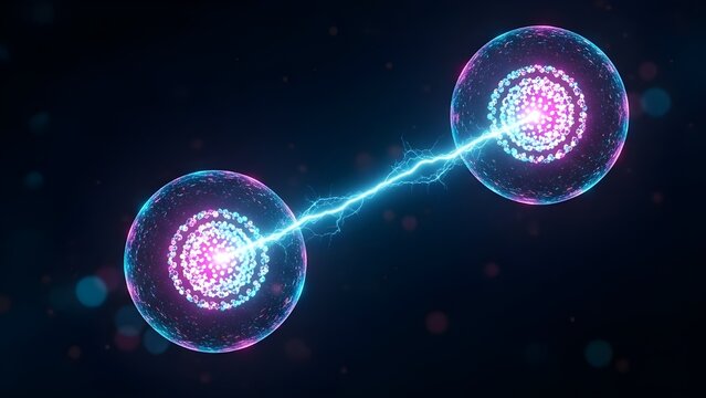 Quantum Entanglement Visualization with Glowing Connected Qubits in Space with Copy Space, Generative AI
