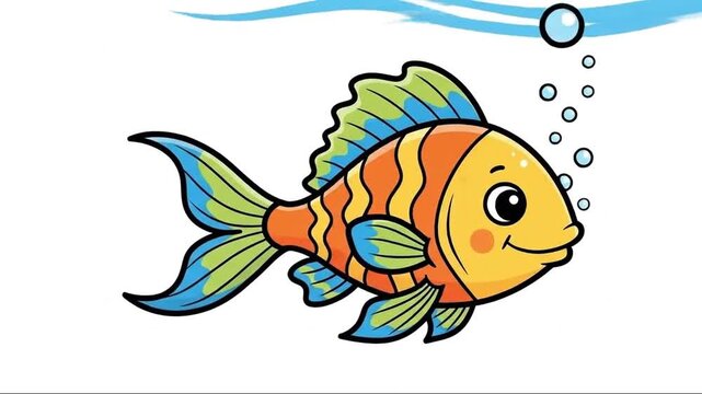 Animated playful clownfish swimming with bubbles in undersea environment for children