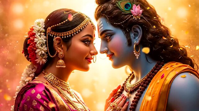 Radha Krishna's Divine Romance in a Shower of Petals, Evoking the Joy of a Holi Vibrant Powder Fight Celebration, an Emblem of Eternal Love and Festivity.