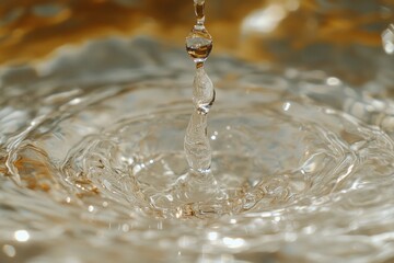 Water droplet splash with warm reflections. AI image