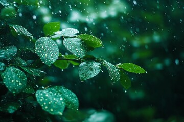 Green leaves in rain with sunlight bokeh effect. AI image
