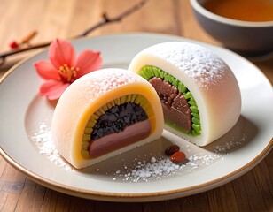 Two halves of a colorful, layered dessert