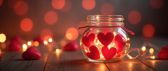 Clear glass jar filled with red hearts and warm fairy lights on wooden table, romantic bokeh background