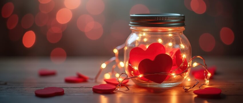 Clear glass jar filled with red hearts and warm fairy lights on wooden table, romantic bokeh background - Powered by Adobe