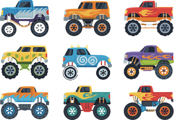 Collection of colorful monster trucks vector illustration showing different off-road car designs, big wheels, powerful engines, and creative patterns isolated. © Goutom