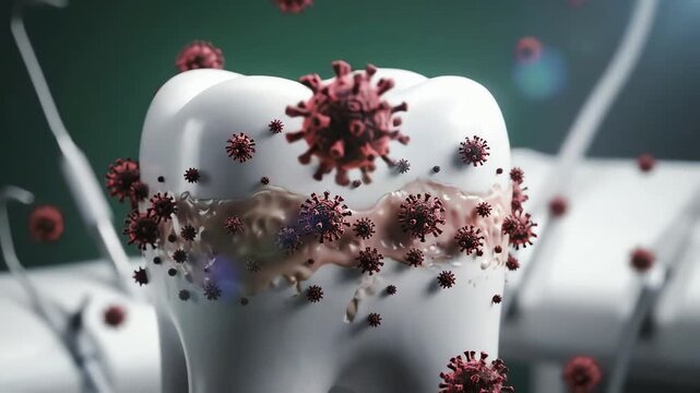 Conceptual 3D animation showing viruses and bacteria causing decay and plaque buildup on a human tooth.