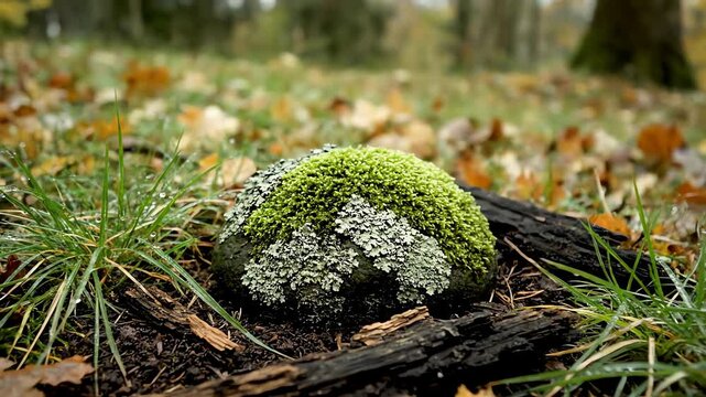 A serene close-up of a mossy stone with lichen on the autumn forest floor surrounded by fallen leaves