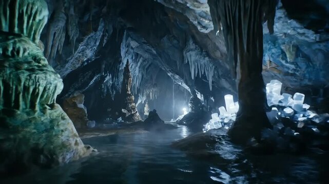 A cinematic journey through a mystical underground cave with a river and glowing crystals.