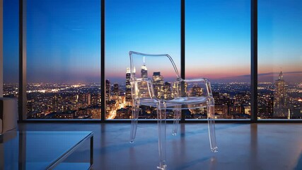 Transparent Ghost Chair in Modern Apartment Overlooking City Skyline at Dusk with Soft Ambient Lighting