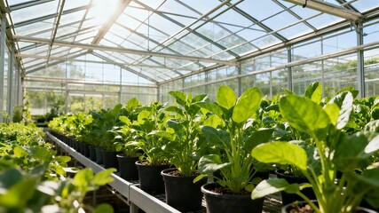 Rows of fresh green plants in a modern greenhouse, representing sustainable agriculture and botany.