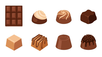 Set of assorted chocolate candies and sweet praline desserts isolated on white background