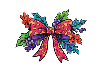 Fototapeta premium Colorful Christmas bow decorated with leaves and berries 