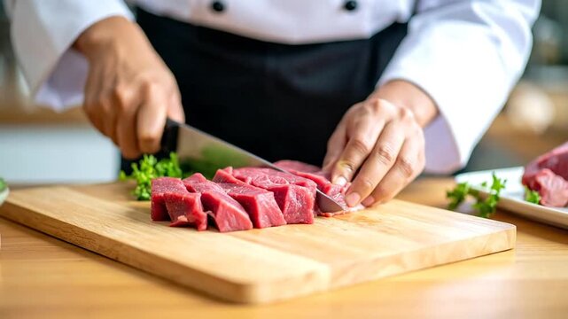 Chef Slicing Raw Meat on Wooden Cutting Board