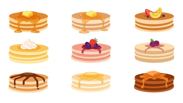 9 Icon Pancake Set &ndash; Colorful Breakfast Food Vector Illustrations