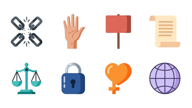 Symbolic Representation: A collection of symbolic icons, including broken chains, a raised hand, a sign, a scroll, scales, a padlock, a heart symbol, and a globe, conveying themes of freedom, justice.