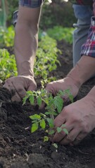 Two hands planting tomato seedlings