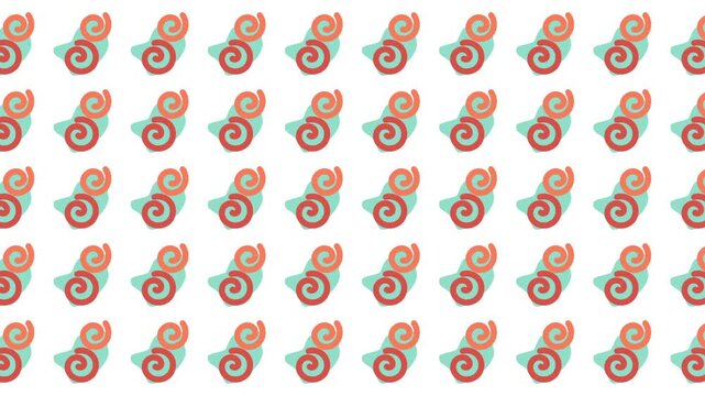 Pattern of stylized seashells with orange swirls and blue bottoms for beachthemed designs, summer decor, or oceaninspired projects.