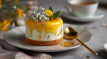Mango Mousse Cake with Edible Gold Flakes and Fresh Flowers, Gourmet Dessert