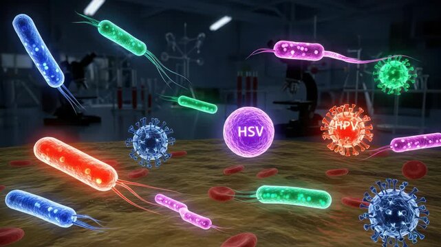 Animated visualization of pathogenic microorganisms: virus, bacteria, infectious diseases in lab