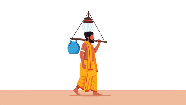 A clean flat design vector illustration depicting a devotee carrying a modest kavadi, symbolizing faith and sacrifice during the Thaipusam celebration