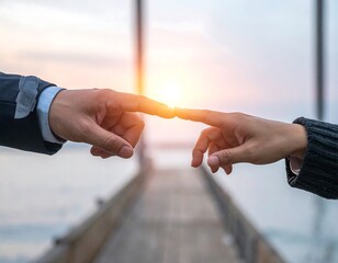 Two hands reaching for each other at sunrise