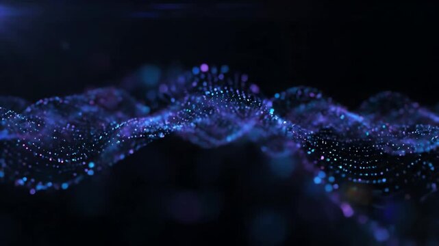 Futuristic digital particle wave abstract background with glowing blue and purple plexus network moving in a slow elegant motion