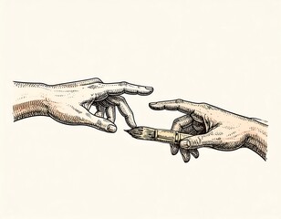 Two hands reaching, one holding a paintbrush (1)