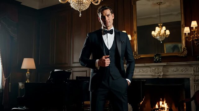 Elegant Man in Tuxedo Standing by Fireplace with Piano in Luxurious Room