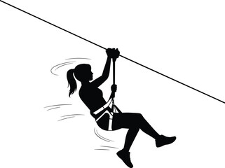 Silhouette of woman ziplining adventure sport, extreme outdoor activity illustration, female athlete riding cable, adrenaline rush vector art © Shuda