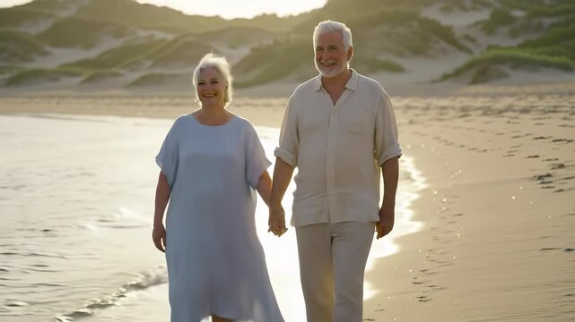 Happy senior couple walking barefoot on a sandy beach holding hands during a golden sunset, symbolizing active retirement and eternal love