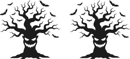 Spooky haunted tree with scary face and flying bats vector illustration, Halloween horror design, creepy forest silhouette art for holiday decoration