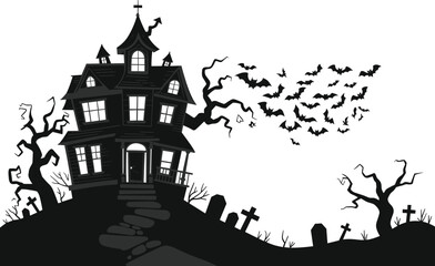 Spooky haunted house on hill with bats flying in dark sky, creepy trees, and graveyard silhouette, perfect for Halloween vector illustration