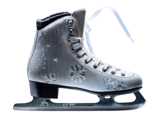 Pair of ice skates crossed with frost texture — white background.