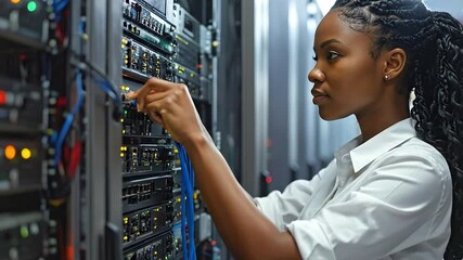 IT Professional Connecting Cables in Data Center Server Room