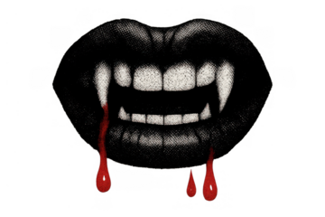 Vampire mouth with fangs and dripping blood, creating a gothic horror and halloween design element, transparent background