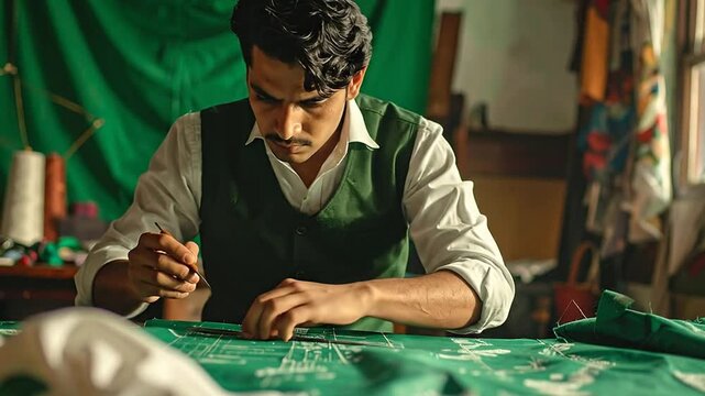 Tailor Carefully Working on Fabric with Precision and Focus