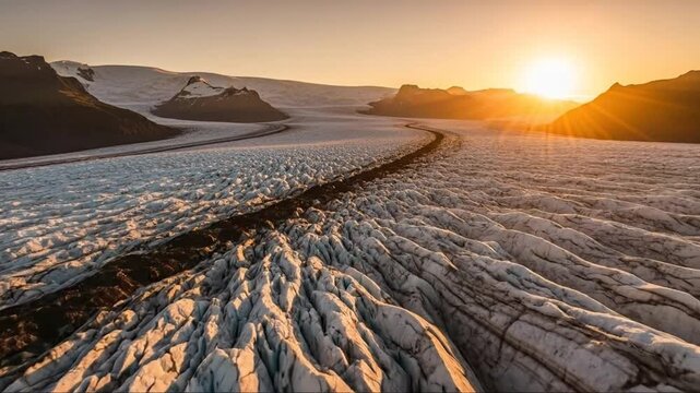 Spectacular Glacial Landscape at Sunset with Rugged Mountain Peaks and Ice Formations