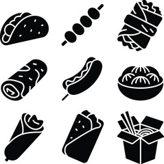 Street food vector icons set showing taco, burrito, hotdog, noodles, dumplings, kebab, and wrap illustrations for restaurant design.