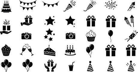 Black and white icons of birthday party celebration elements cake gift