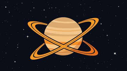 A cartoon illustration of a striped planet with two intertwined rings, set against a starry dark blue space background. © sudirman
