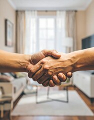 Two hands shaking in a living room