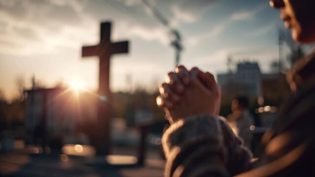 Person's Hands in Prayer with Cross at Sunset