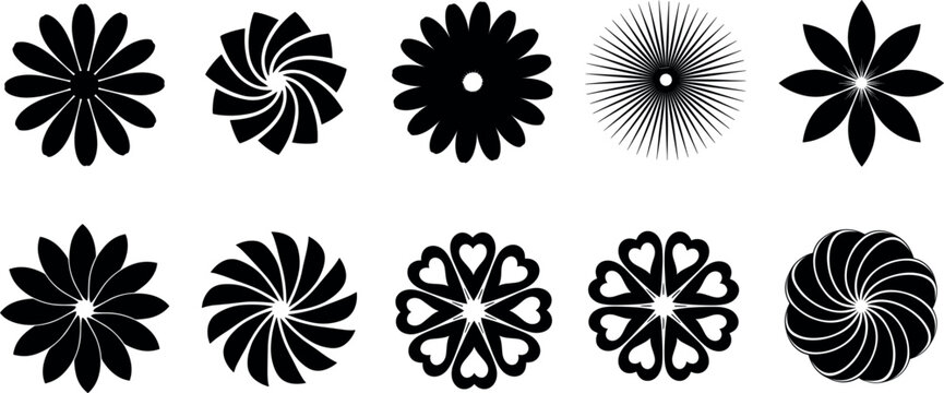 Abstract geometric floral shape illustration set featuring circular flower patterns, radial ornaments, and symmetrical decorative vector elements